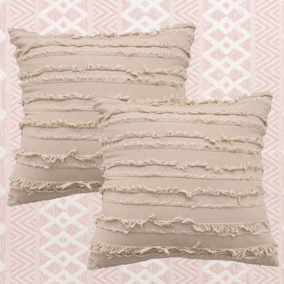 Luxury Home | Boho Chic Farmhouse Beige Jaquard Striped Fringe Pillow Covers